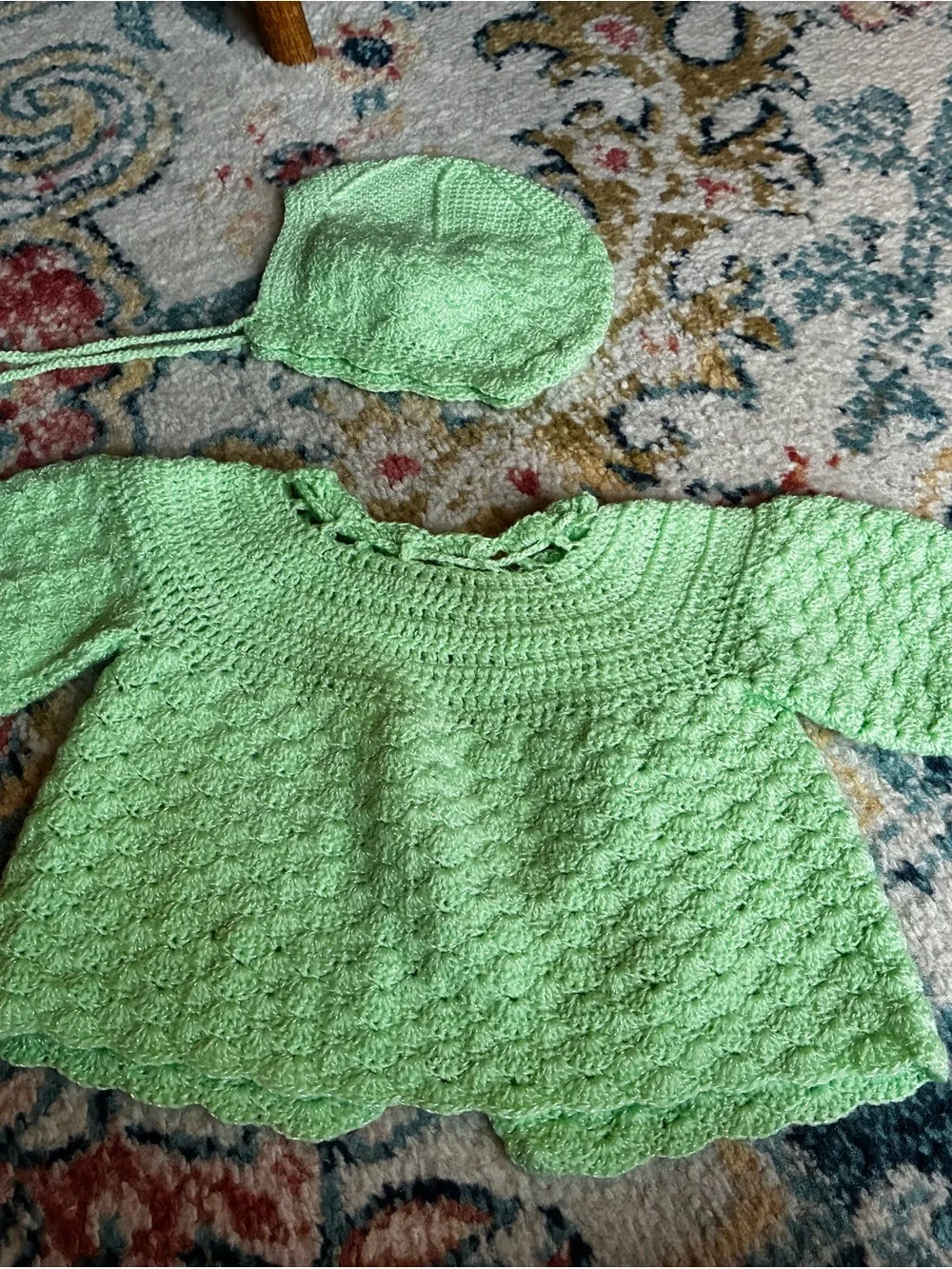 Child's Hand-Knit Light Green Cardigan & Bonnet Set (3-6 months)